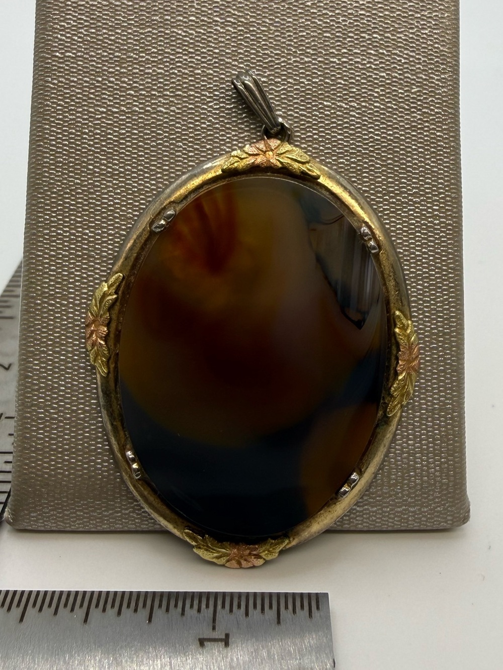 Vintage Large Banded Agate Pendant Mixed Metal Floral Statement Jewelry